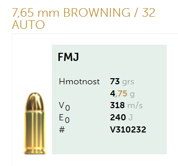 AMUNICJA PISTOLETOWA SELLIER&BELLOT S&B  7,65 mm BROWNING  32 AUTO FMJ 73 grs 4,75  g